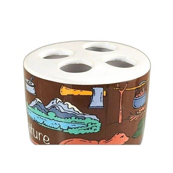 Campsite Toothbrush Holder Fishing Tent Camper Bears Brown Ceramic Gift NEW - Picture 2 of 3